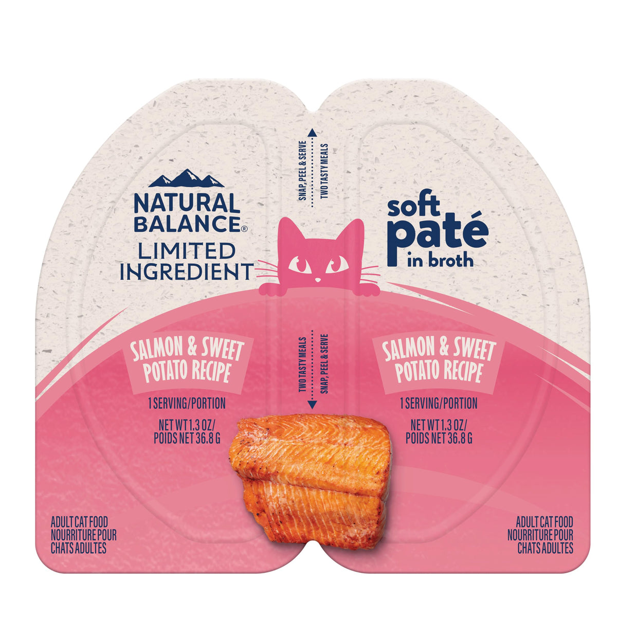 Natural Balance Saumon et Patate Douce, tasse préportionnée 01 — repas pratique et complet pour chats adultes.