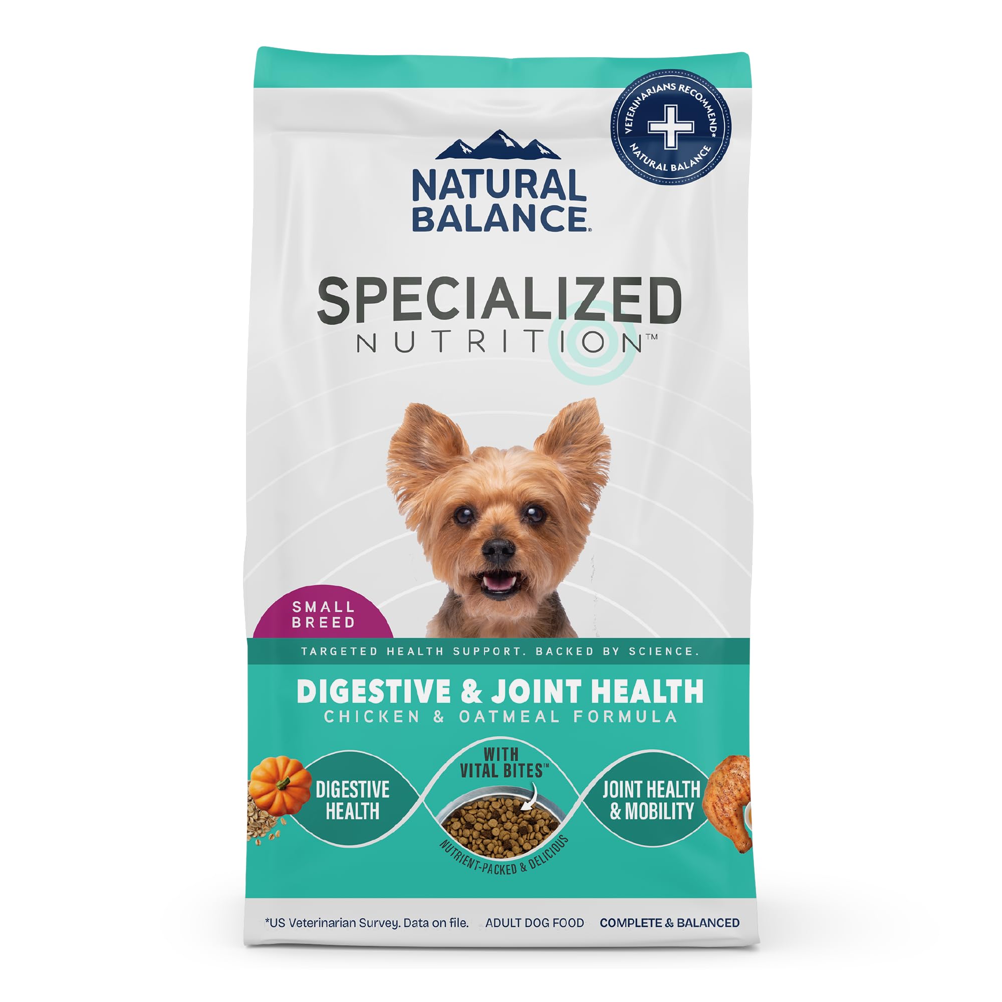 Natural Balance Specialized Nutrition emballage pour petits chiens, facile à repérer et informatif