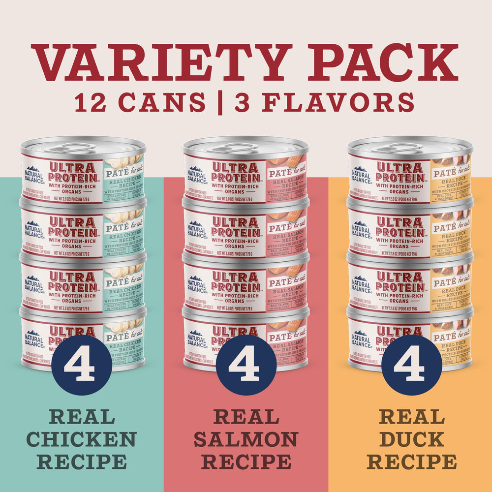 Natural Balance Ultra Protein Pâté chat — foie de poulet accentué, source de protéines digestibles.