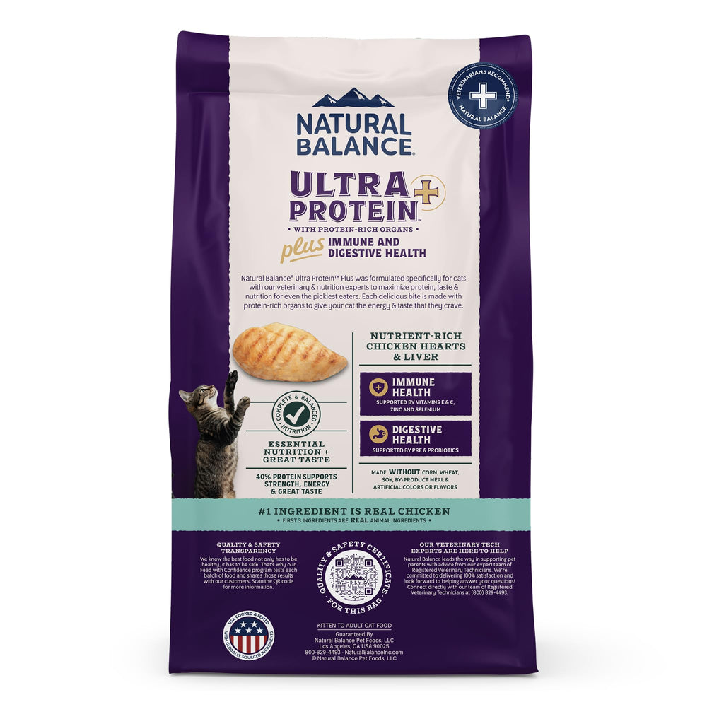 Natural Balance Ultra Protein Plus ingrédients poulet et cœur, nutrition digestible pour chats sensibles.