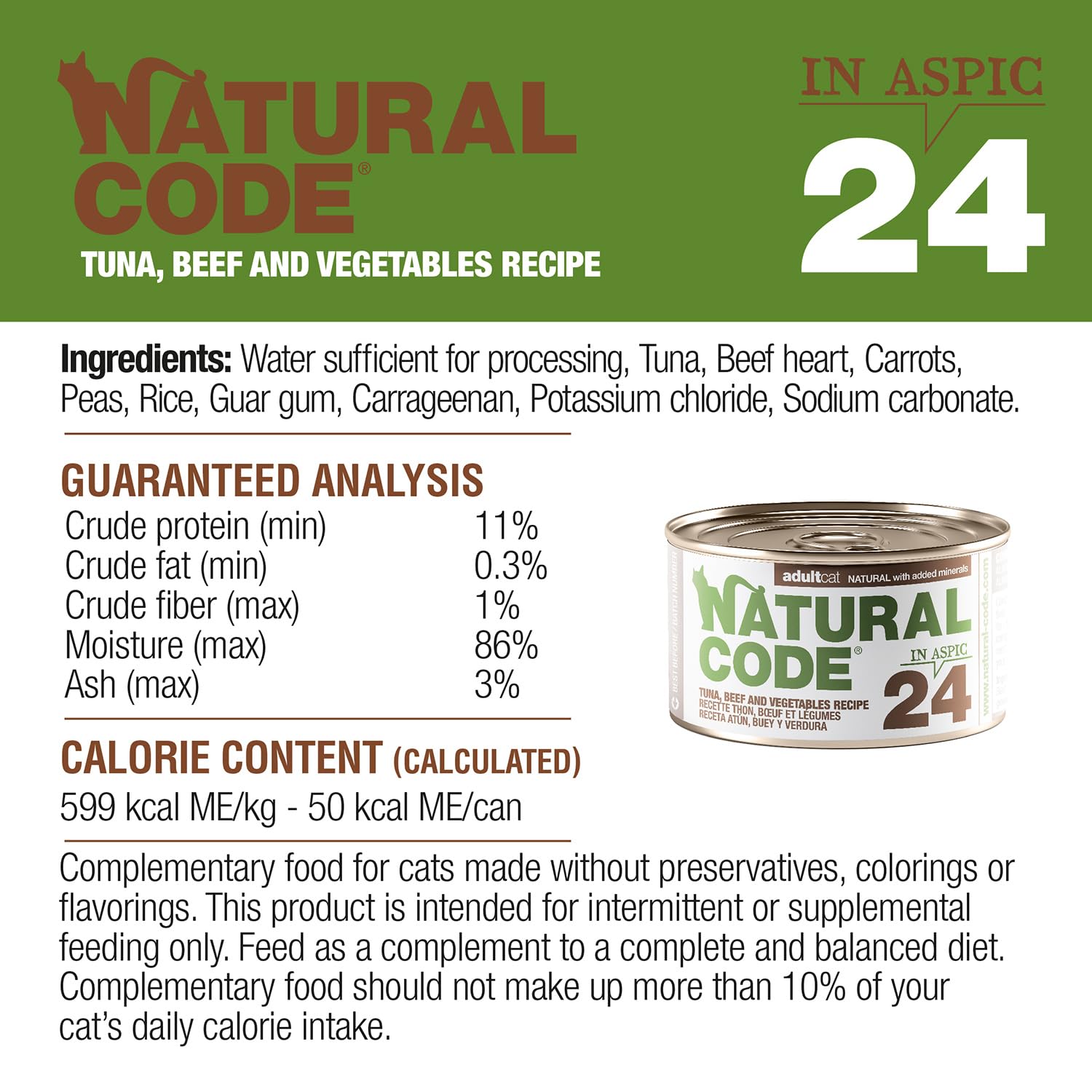 Natural Code — légumes et viande en aspic, repas équilibré pour chats adultes.