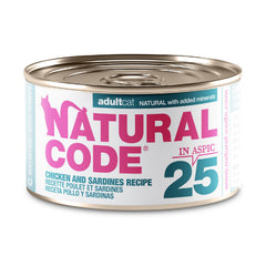 Natural Code poulet-sardines-en-aspic pour chat adulte, conserve prête à servir et riche en protéines.