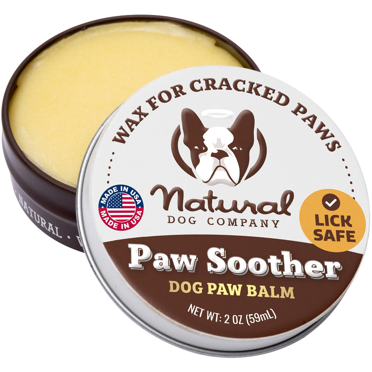 Natural Dog Company Paw Soother dans un pot métallique, soulage rapidement les pattes sèches.