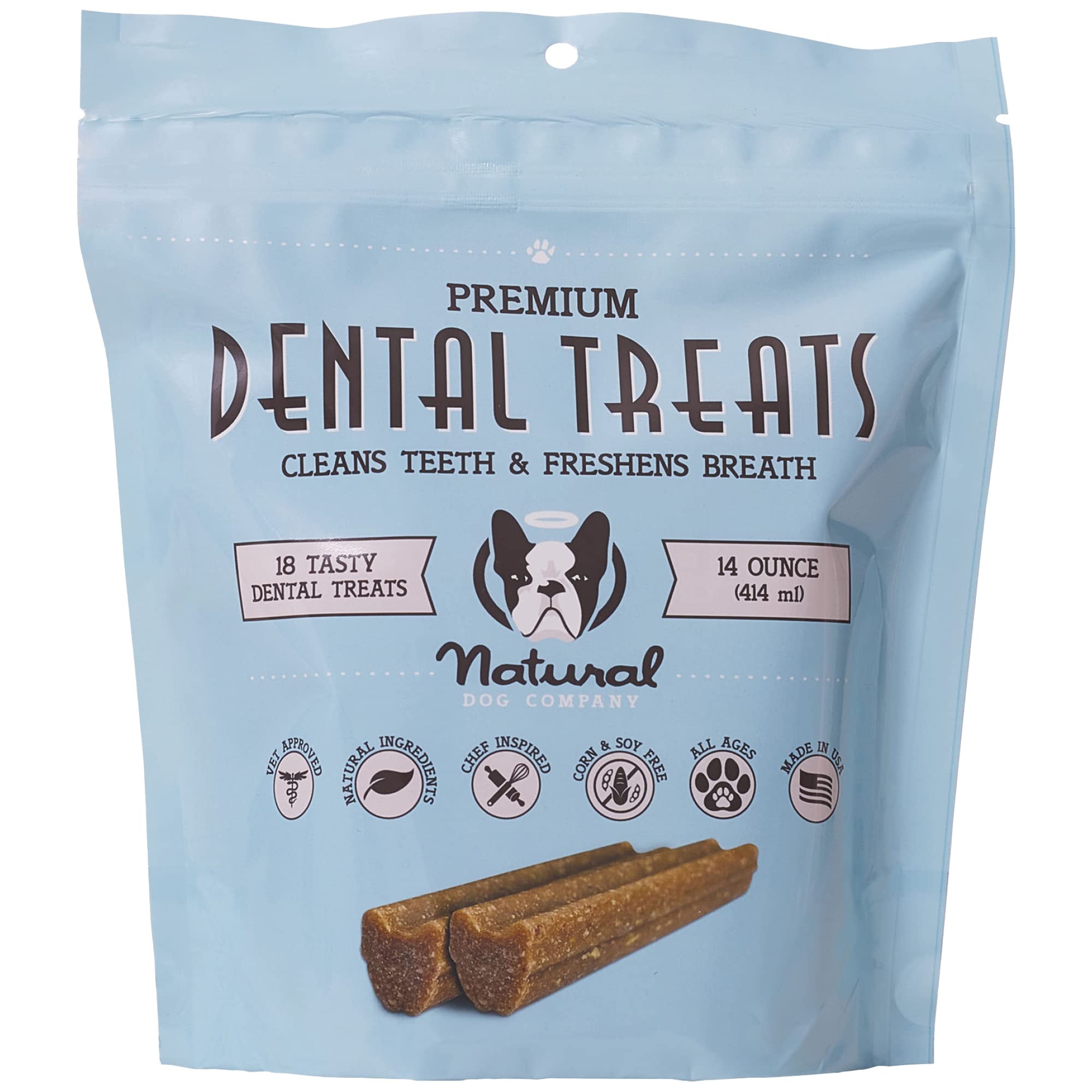 Natural Dog Company Dental Chews : boîte 18 pièces, haleine fraîche et dentition saine.