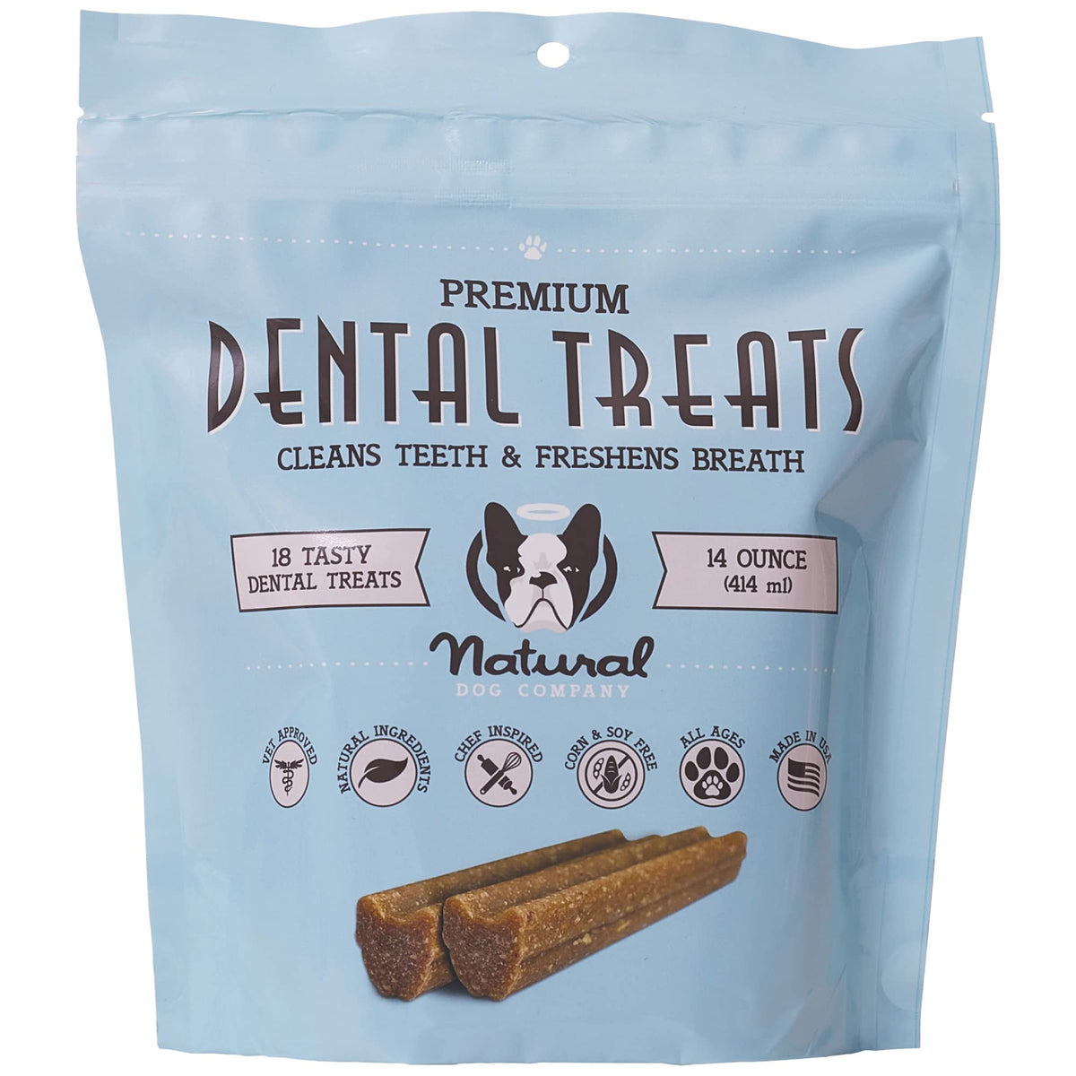 Natural Dog Company Dental Chews : boîte 18 pièces, haleine fraîche et dentition saine.