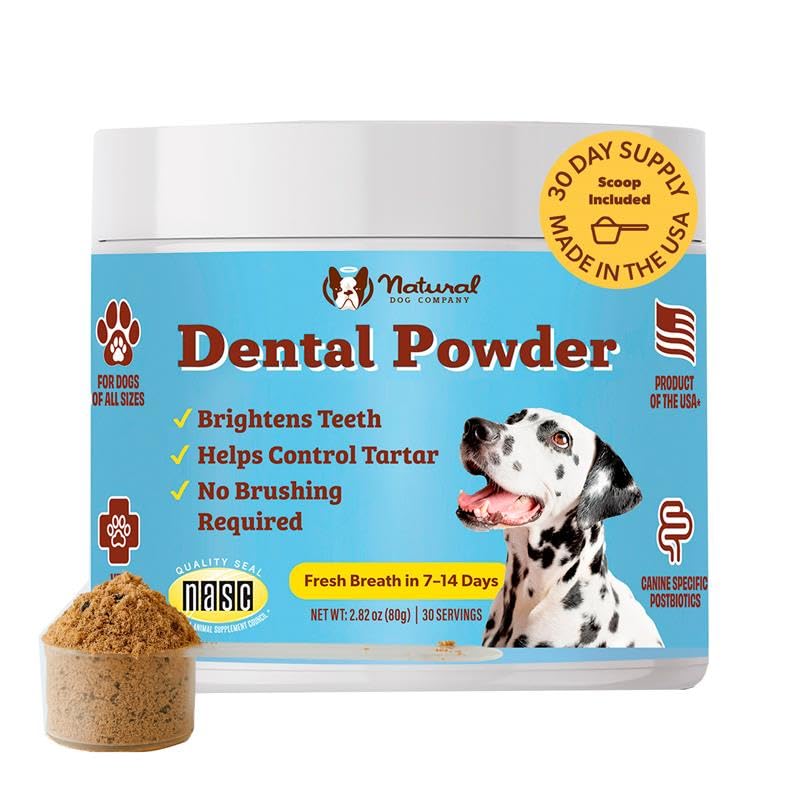 Natural Dog Company Poudre Dentaire — emballage clair et haleine plus fraîche attendue