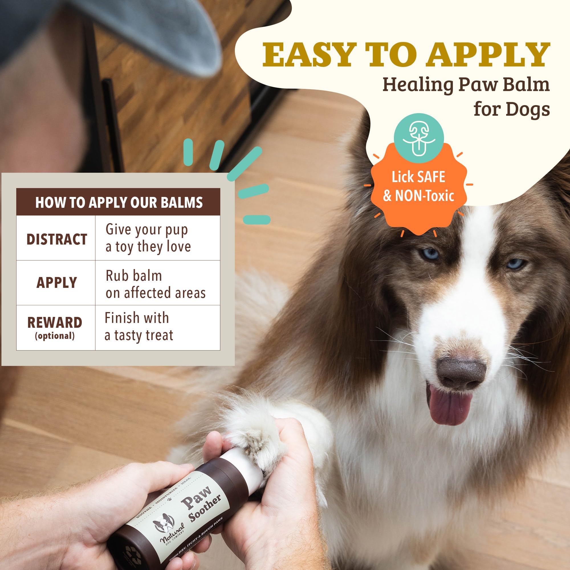 Natural Dog Company Paw Soother Balm montre une application et un massage faciles pour hydrater.