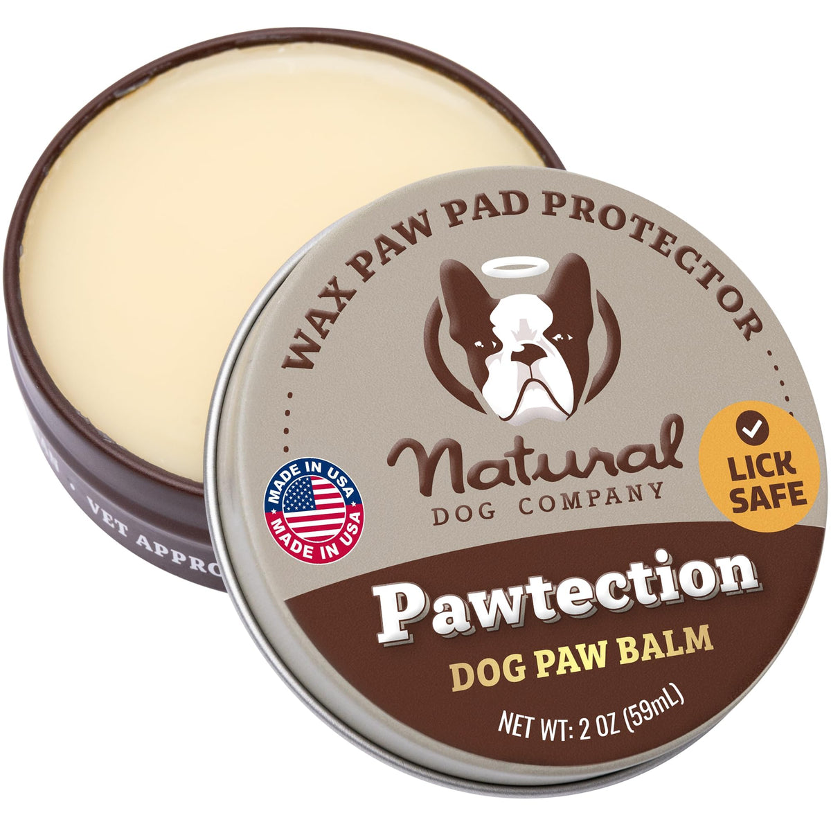 Natural Dog Company Pawtection Balm en boîte, pattes hydratées.