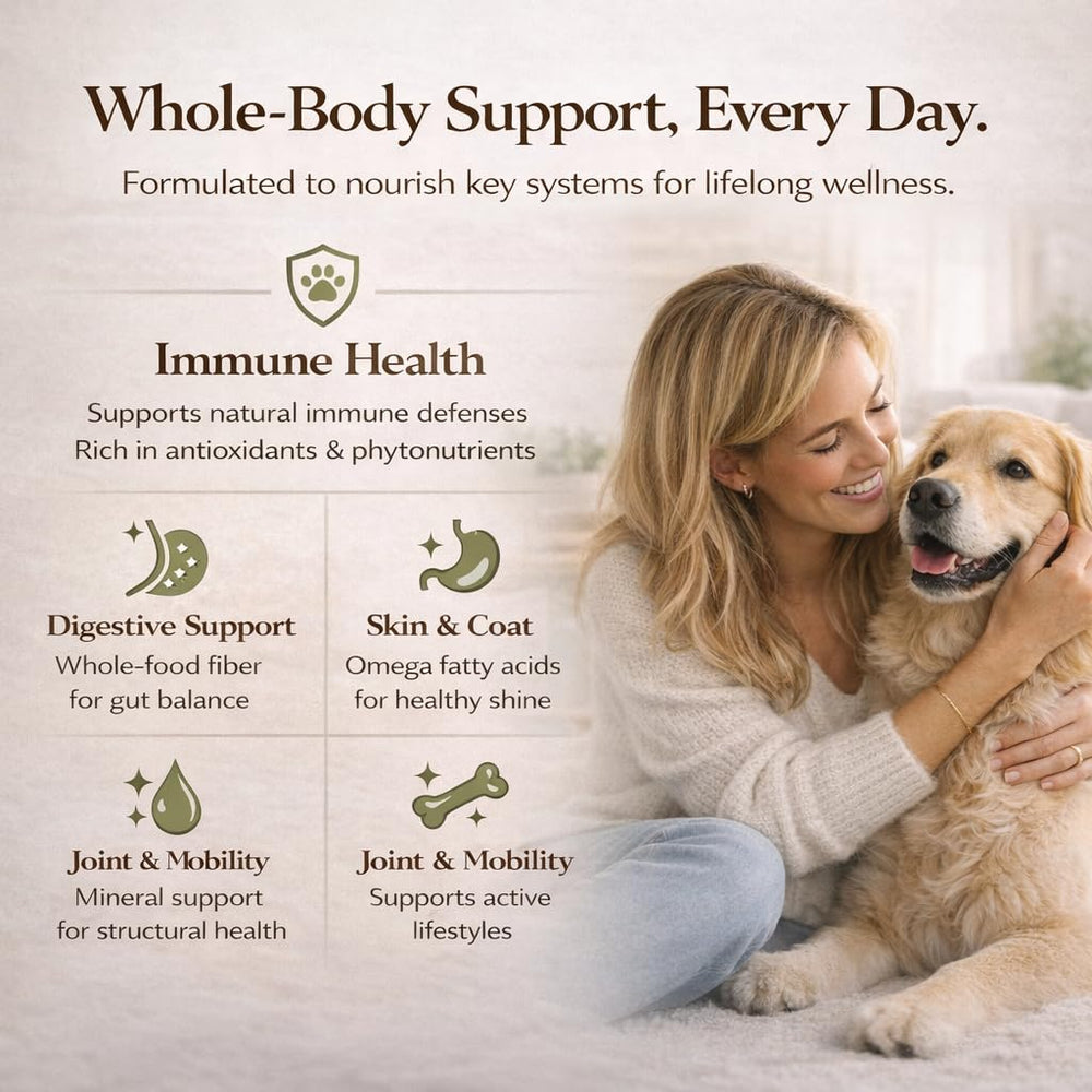 Natural Dog Company Super Greens, chien heureux après assure nutrition quotidienne.