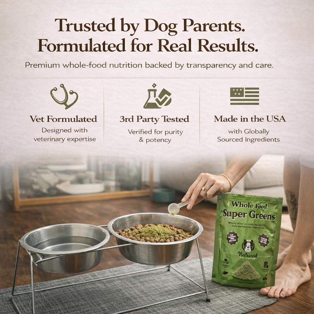 Natural Dog Company Super Greens, peau et pelage améliorés par une alimentation enrichie.