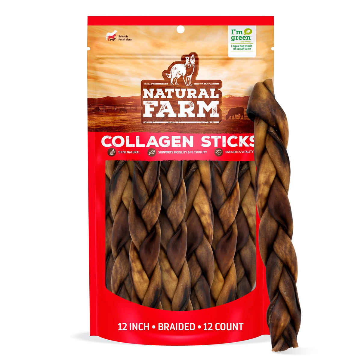 Natural Farm bâtons de collagène tressés sans odeur pour chien, mastication longue.