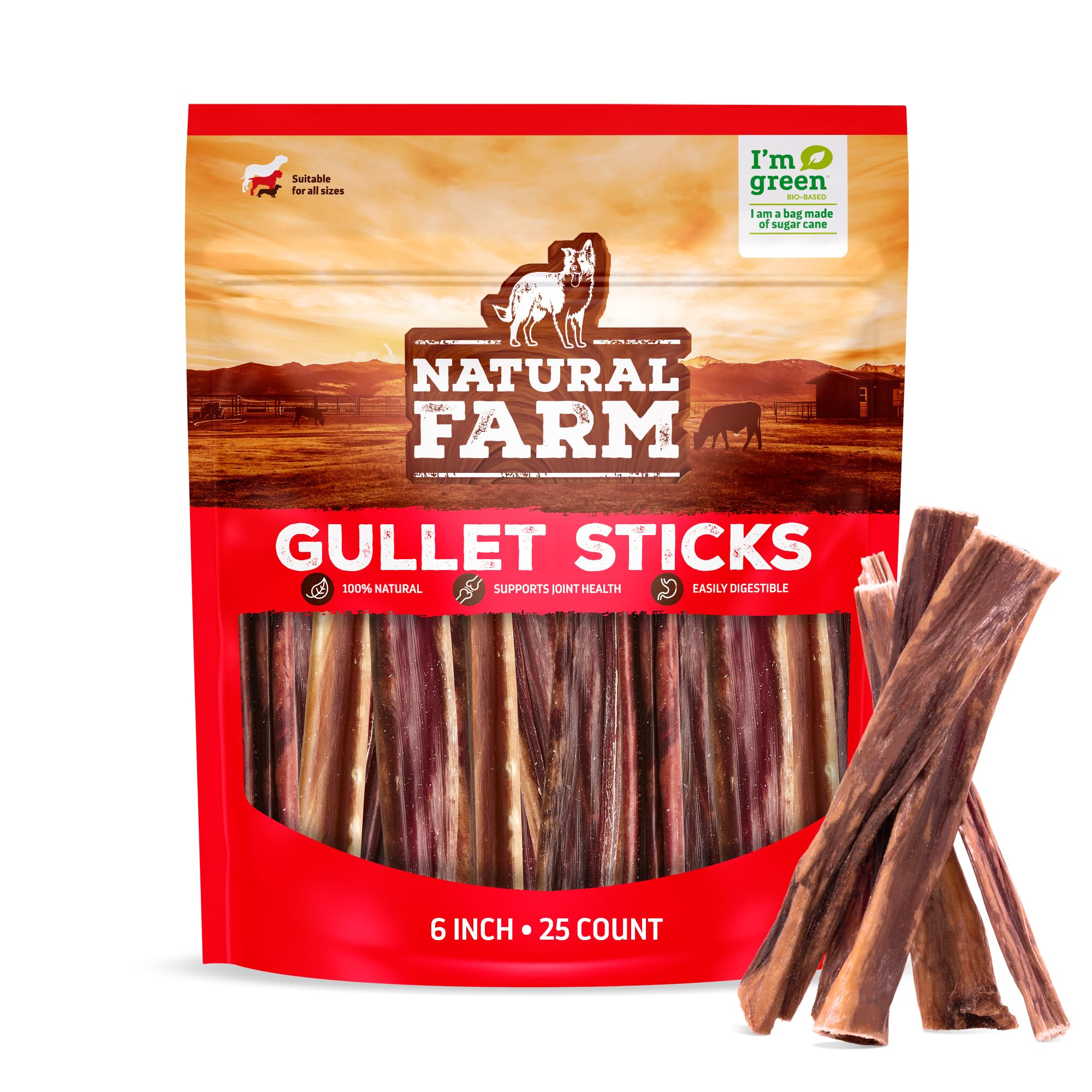 Natural Farm bâtonets d'œsophage emballage vert écologique, friandise durable pour chiens.
