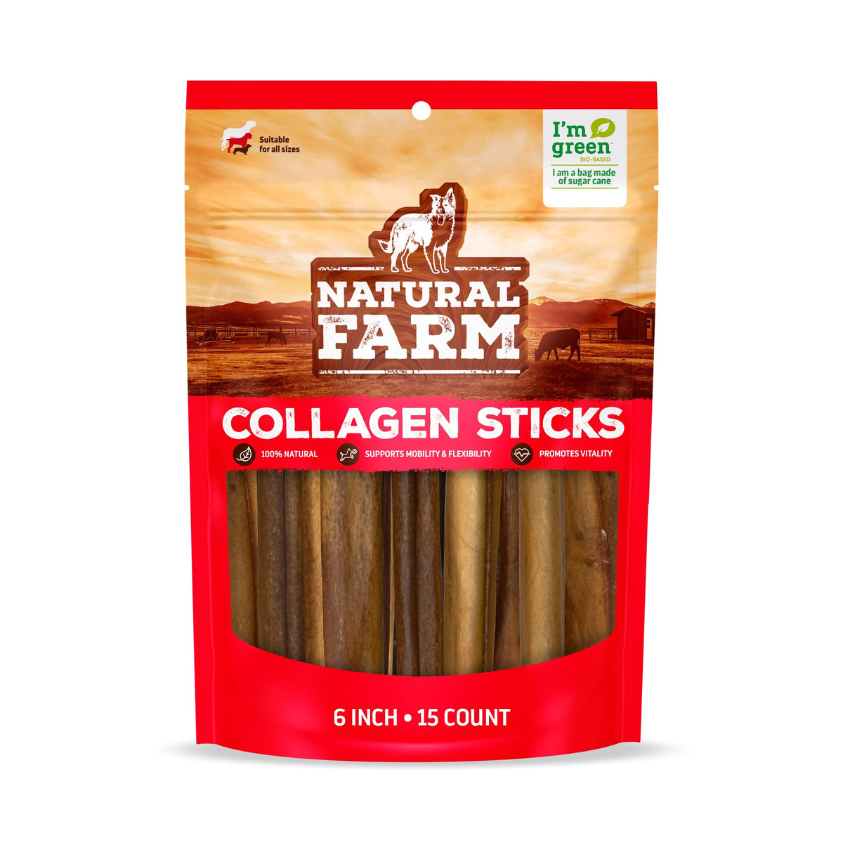 Natural Farm batonnet collagene 6 pouces pour chiens, texture naturelle et facile à mâcher.