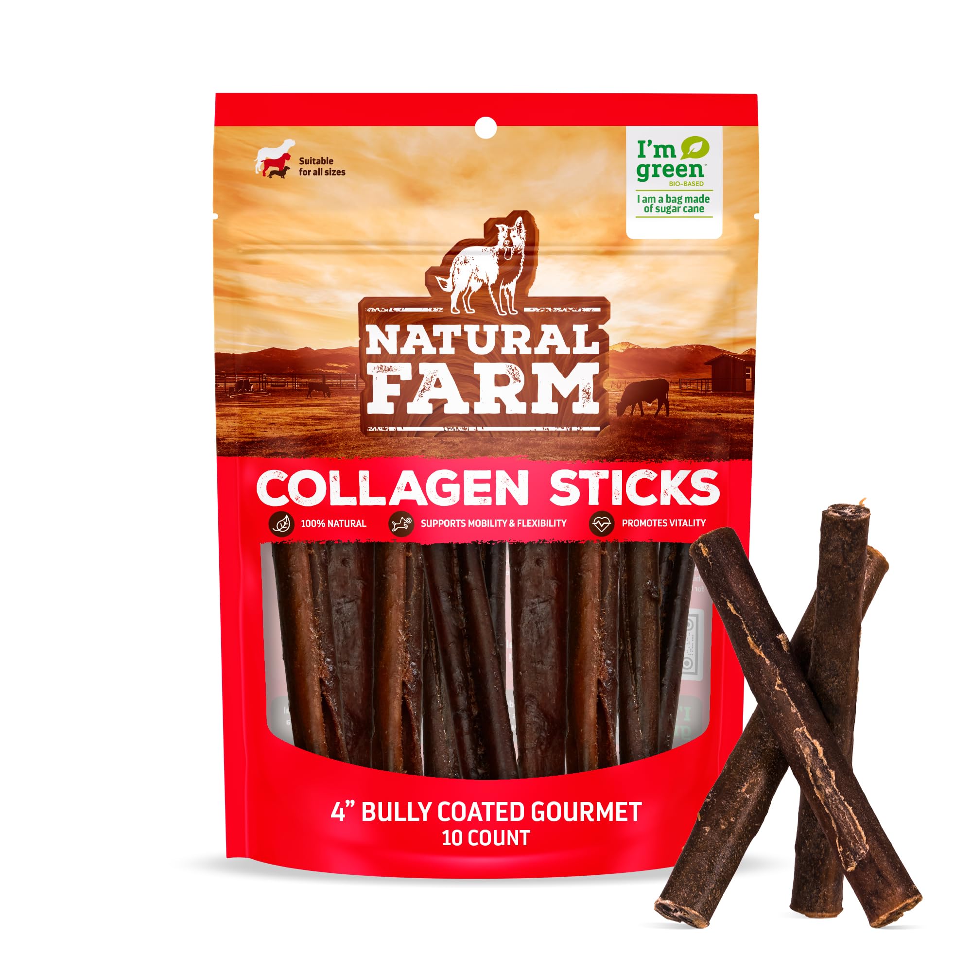 Natural Farm bâtonnets collagene enrobes boeuf 4-pouces, mâchage prolongé et stimulation des mâchoires.