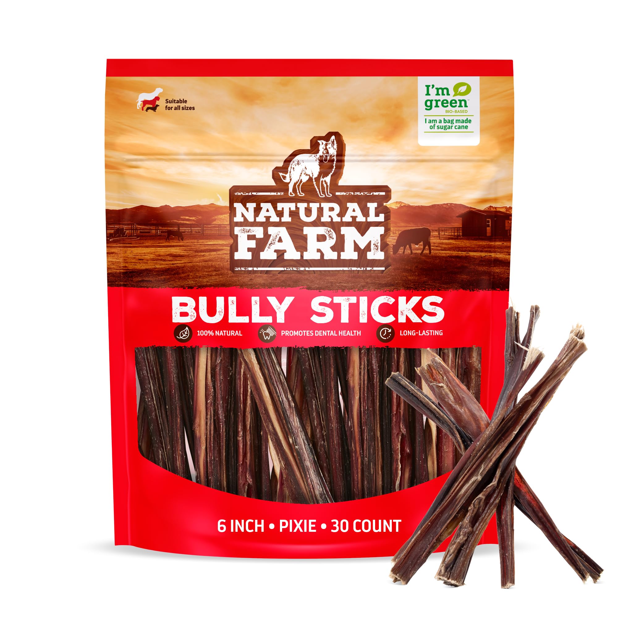 Natural Farm bâtonnets Pizzle 6 pouces – paquet visible, friandise naturelle pour chiens.