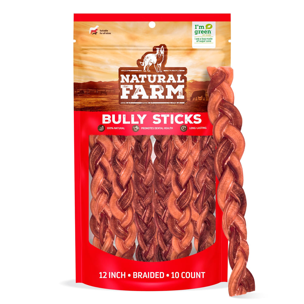 Natural Farm bâtons de boeuf tressés sans odeur, friandise dentaire sûre pour chien.