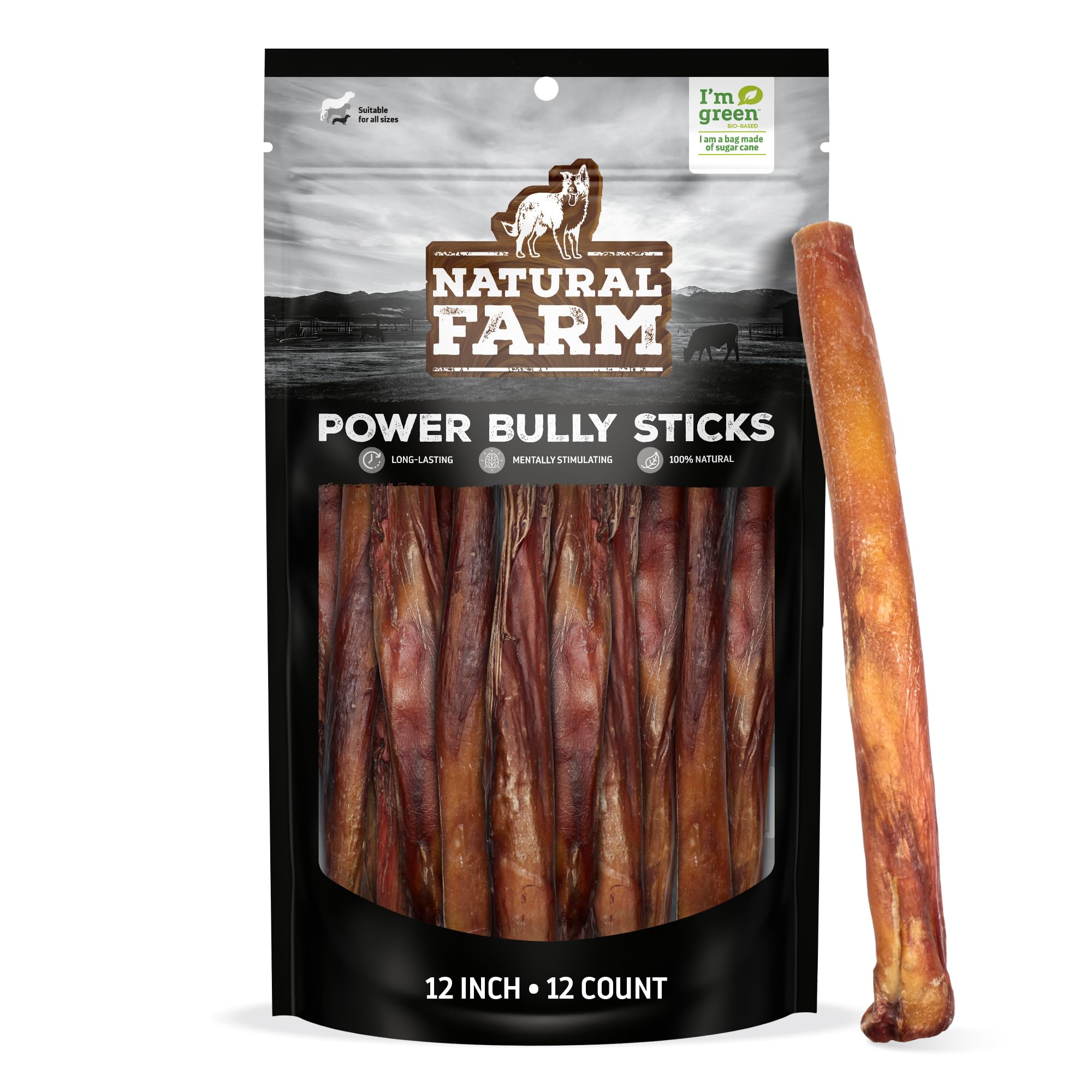 Natural Farm Power Bully Sticks emballage clair, idéal pour l'entraînement et récompense.