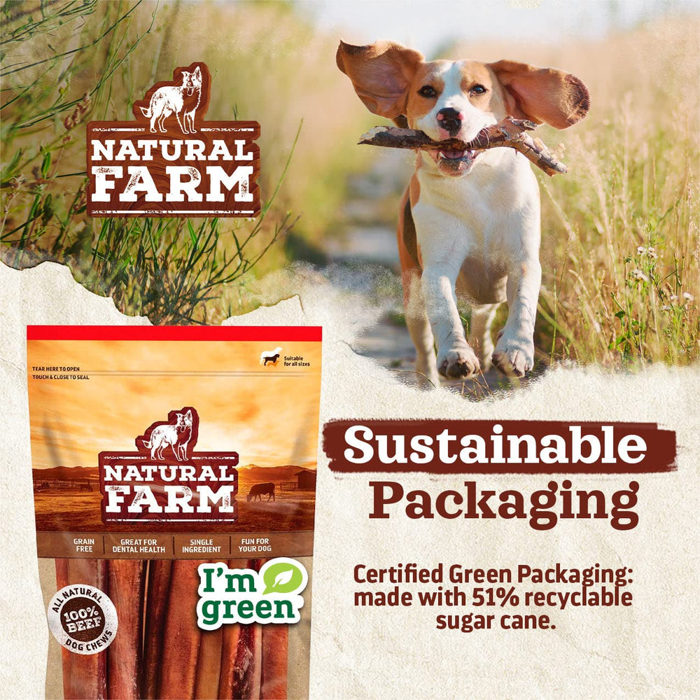 Natural Farm Power Bully Sticks visibles en sachet; produit prêt à l'usage en voyage et à la maison.