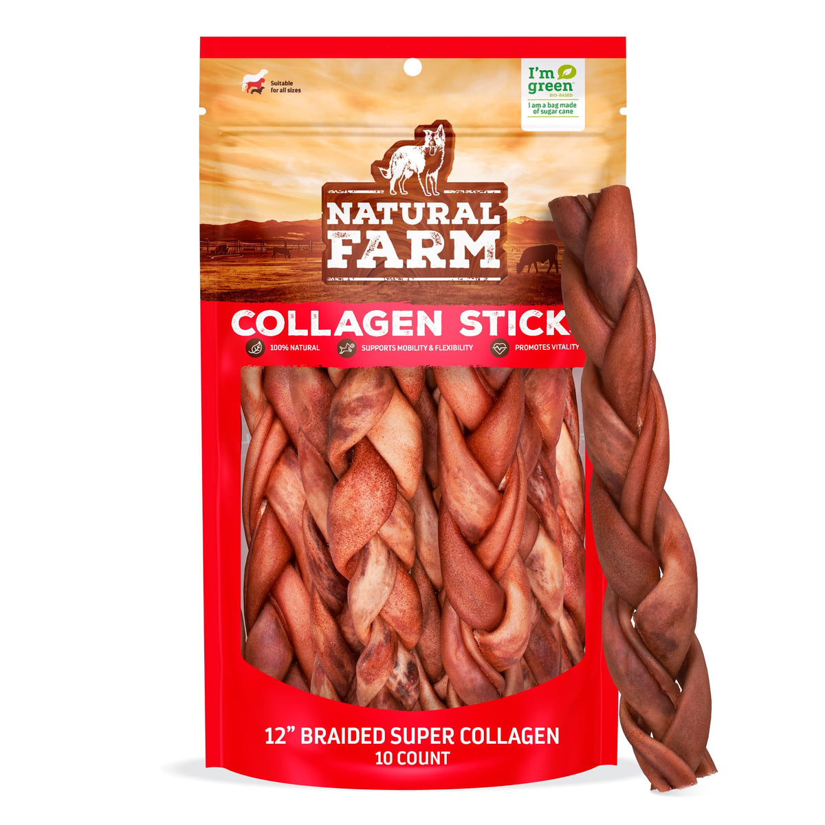 Natural Farm friandises collagène sans odeur en emballage, prêt à l'emploi pour chiens actifs.