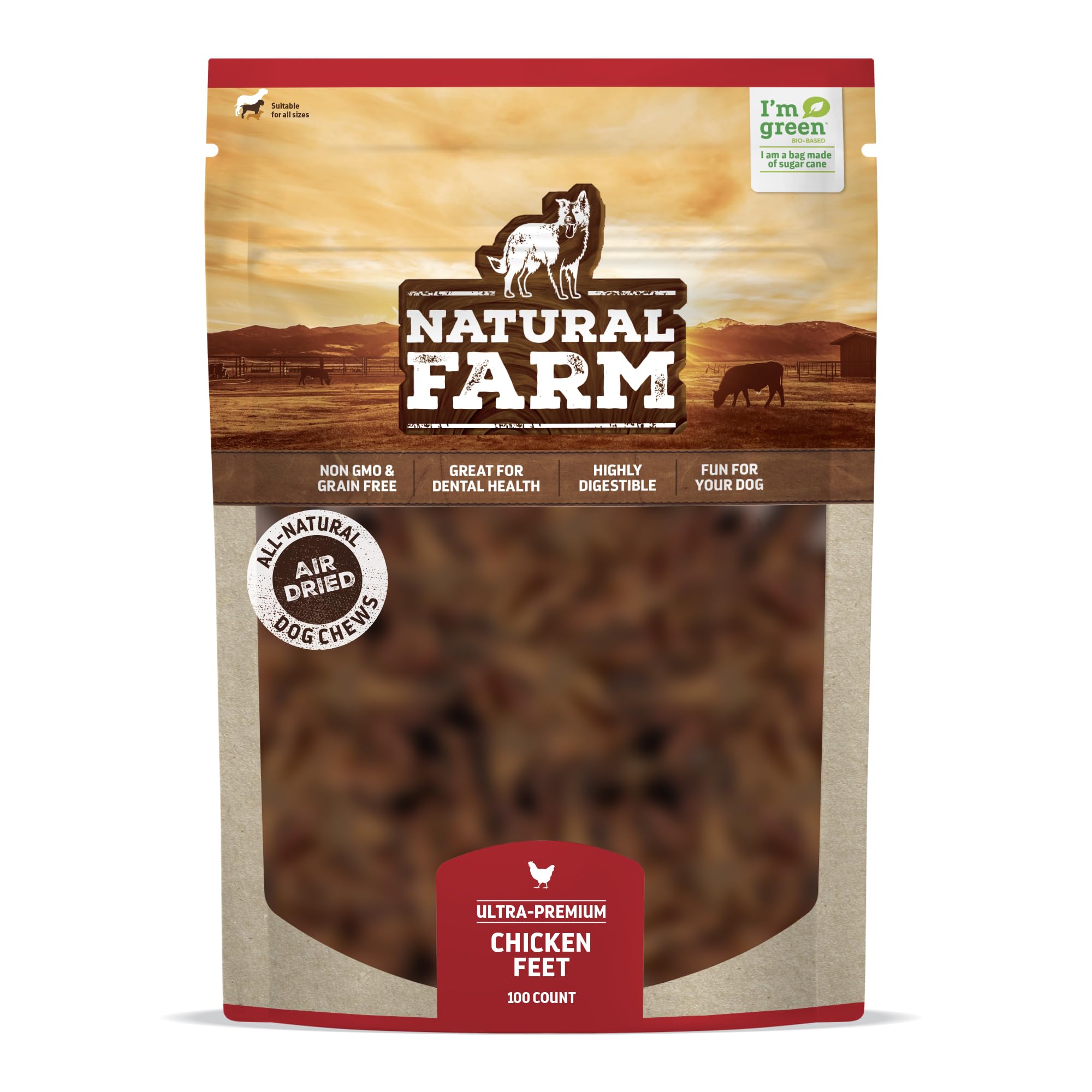 Natural Farm pattes de poulet sans ongles – 100 paquets, digestibles et riches en protéines pour chiens actifs.