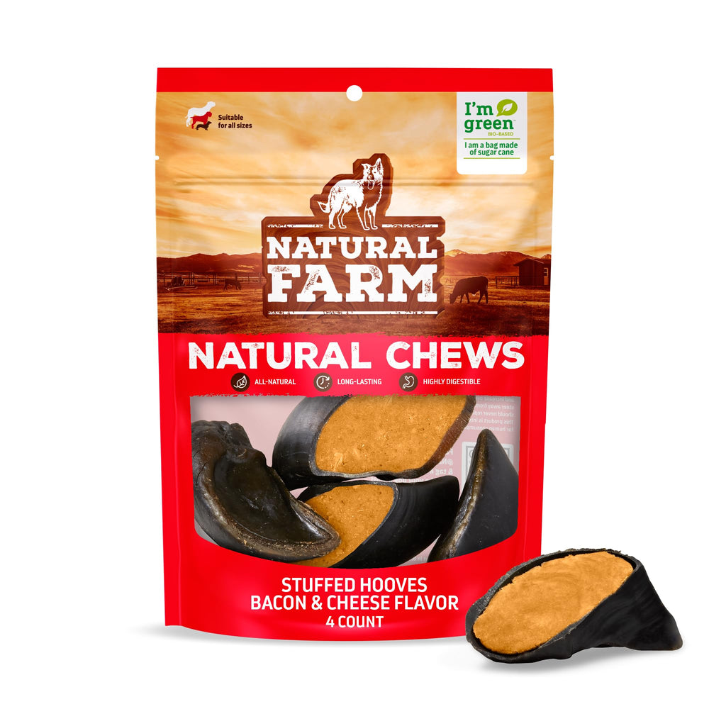 Natural Farm sabots de vache farcis bacon fromage pour chiens, texture double et goût riche.