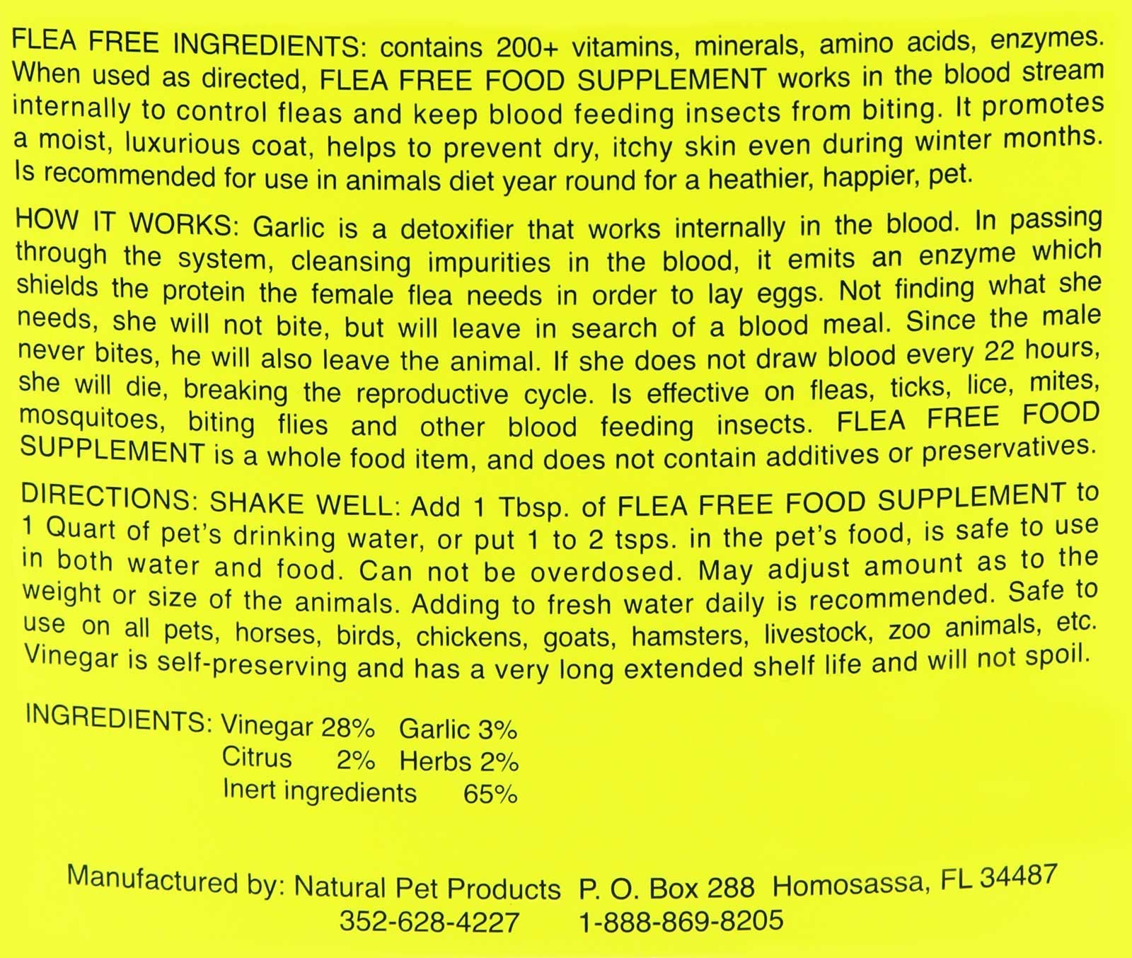 Natural Pet Products – ingrédients ail et vinaigre, formulation naturelle pour repousser les puces.