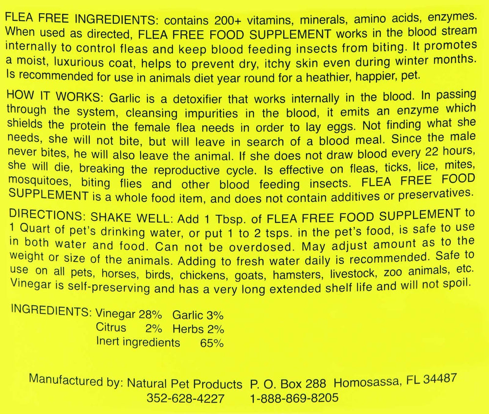 Natural Pet Products – ingrédients ail et vinaigre, formulation naturelle pour repousser les puces.