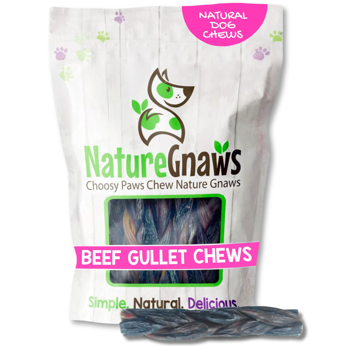 Nature Gnaws bouchées tressées de bœuf pour chien, texture naturelle et récompense durable.