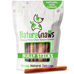 Nature Gnaws Bully Sticks emballage 5-6 pouces, friandise longue durée pour chiens actifs.