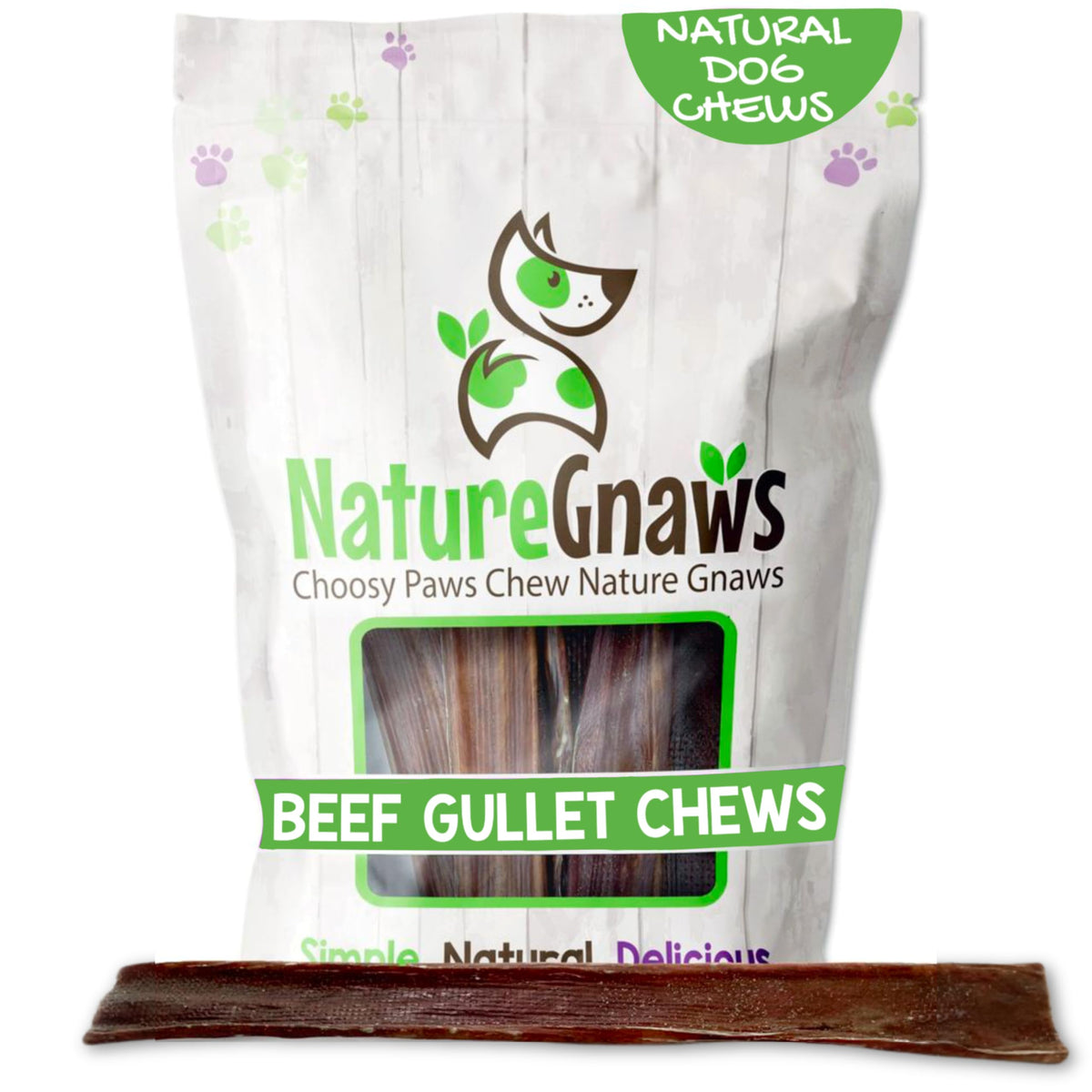 Nature Gnaws Goulet de Boeuf pour gros chien, texture longue et savoureuse.