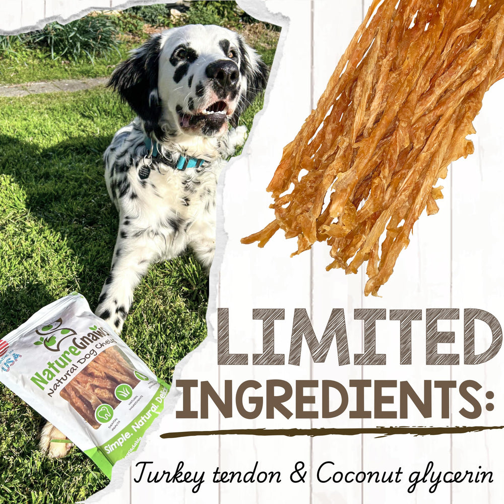 Nature Gnaws – tendons de dinde, alternative naturelle au rawhide pour chiens.