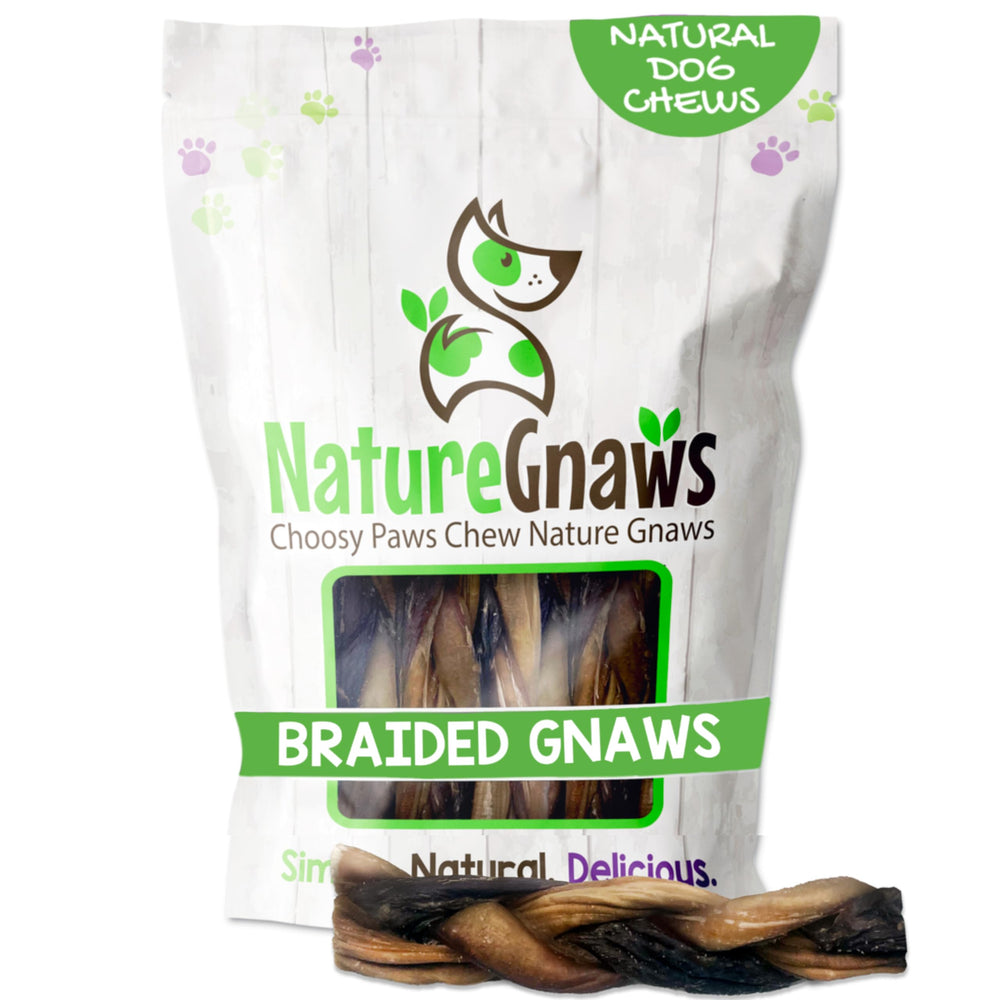 Nature Gnaws tresse boeuf chien – friandise naturelle durable.