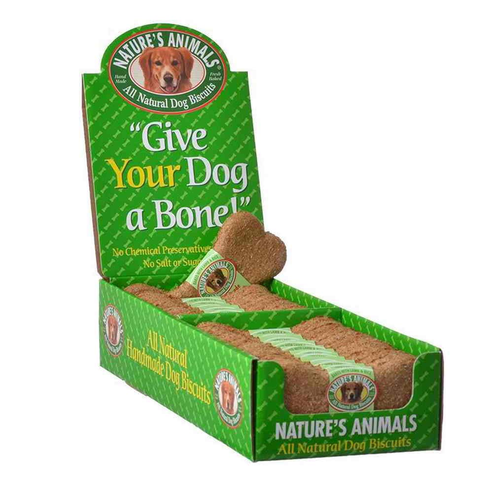 Biscuits Nature's Animals pour chiens au goût agneau et riz, friandise naturelle et croustillante.