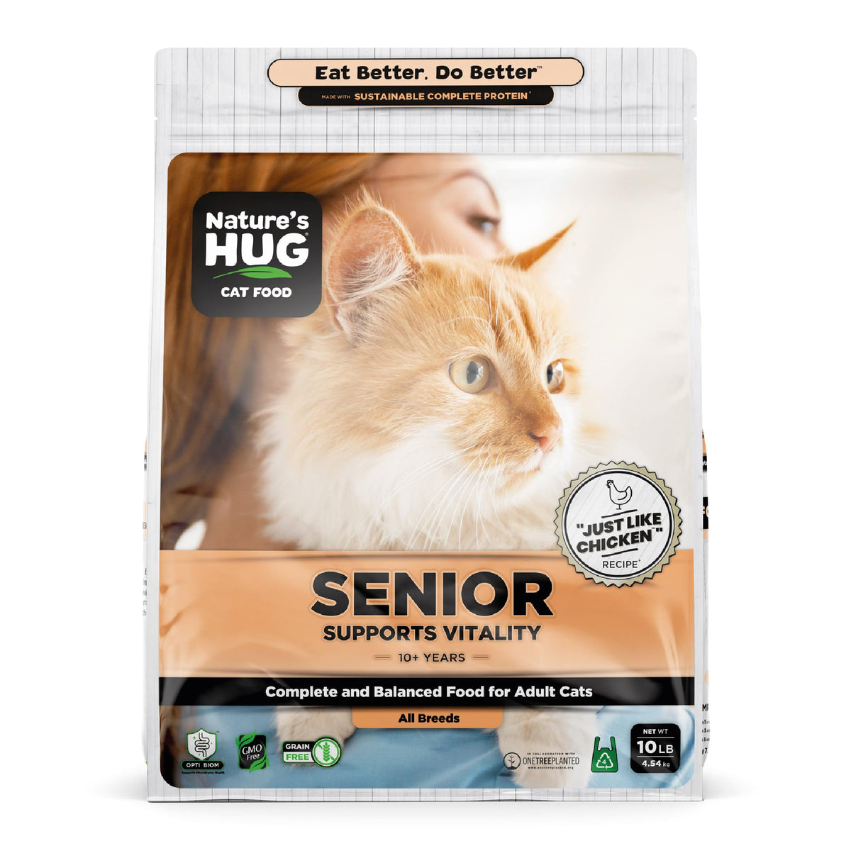 Nature's HUG croquettes chat senior protéines sèches: source végétale savoureuse pour l'énergie.