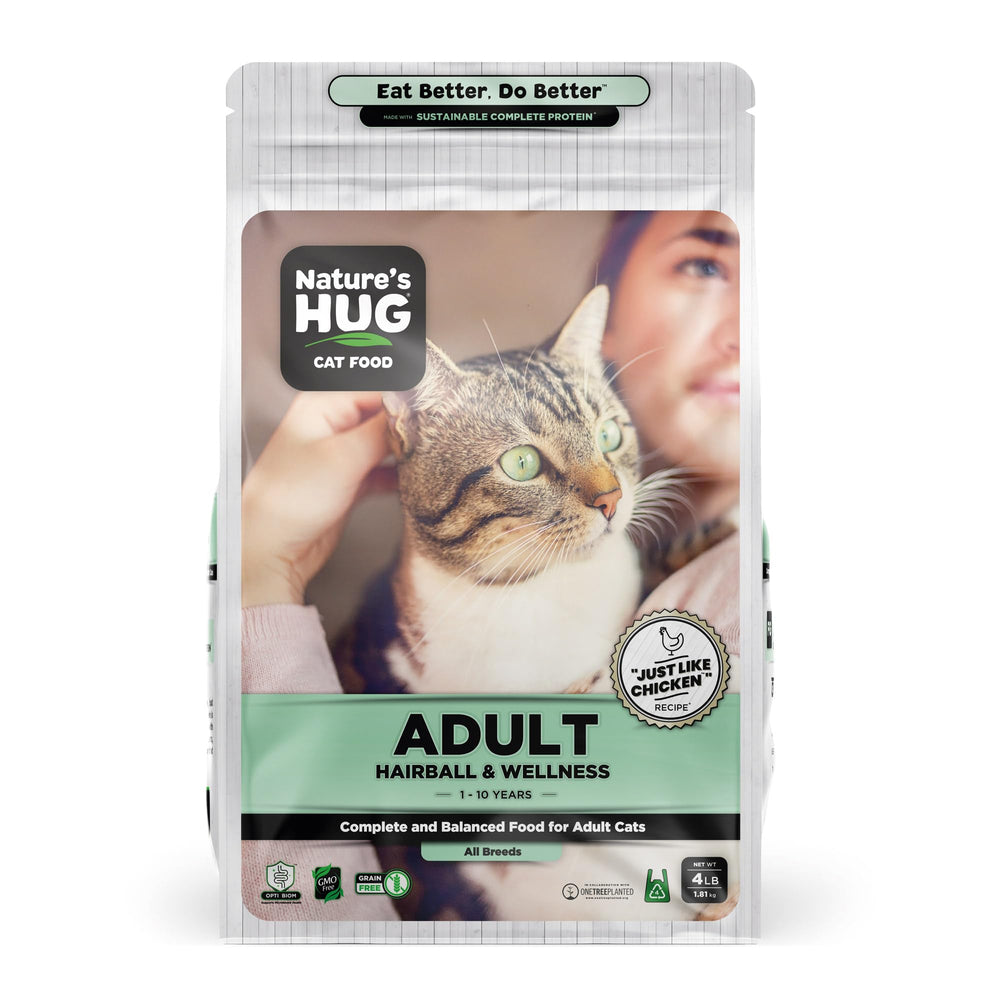 Nature's HUG croquettes chat hypoallergeniques visibles en sac, protéine durable et digestibilité potentialisée.
