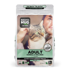 Nature's HUG croquettes chat hypoallergeniques visibles en sac, protéine durable et digestibilité potentialisée.