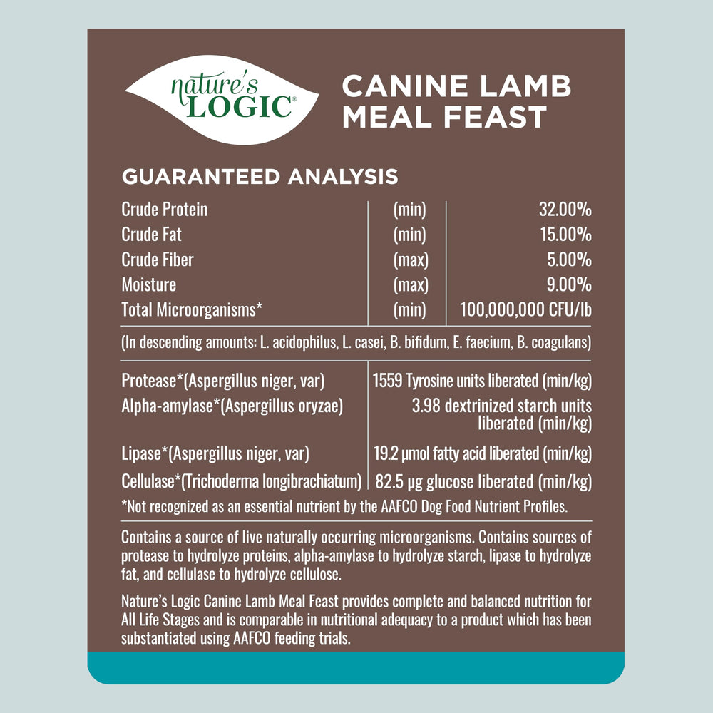 Nature's Logic Lamb Meal Feast probiotiques et enzymes digestives pour meilleure absorption