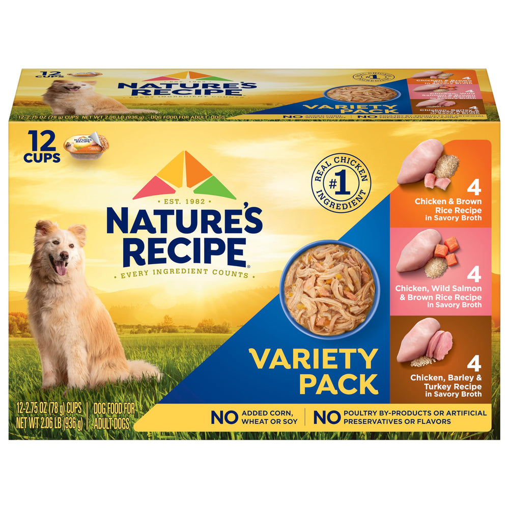Nature's Recipe pack varié poulet-saumon-dinde pour chiens, repas pratique et appétissant.
