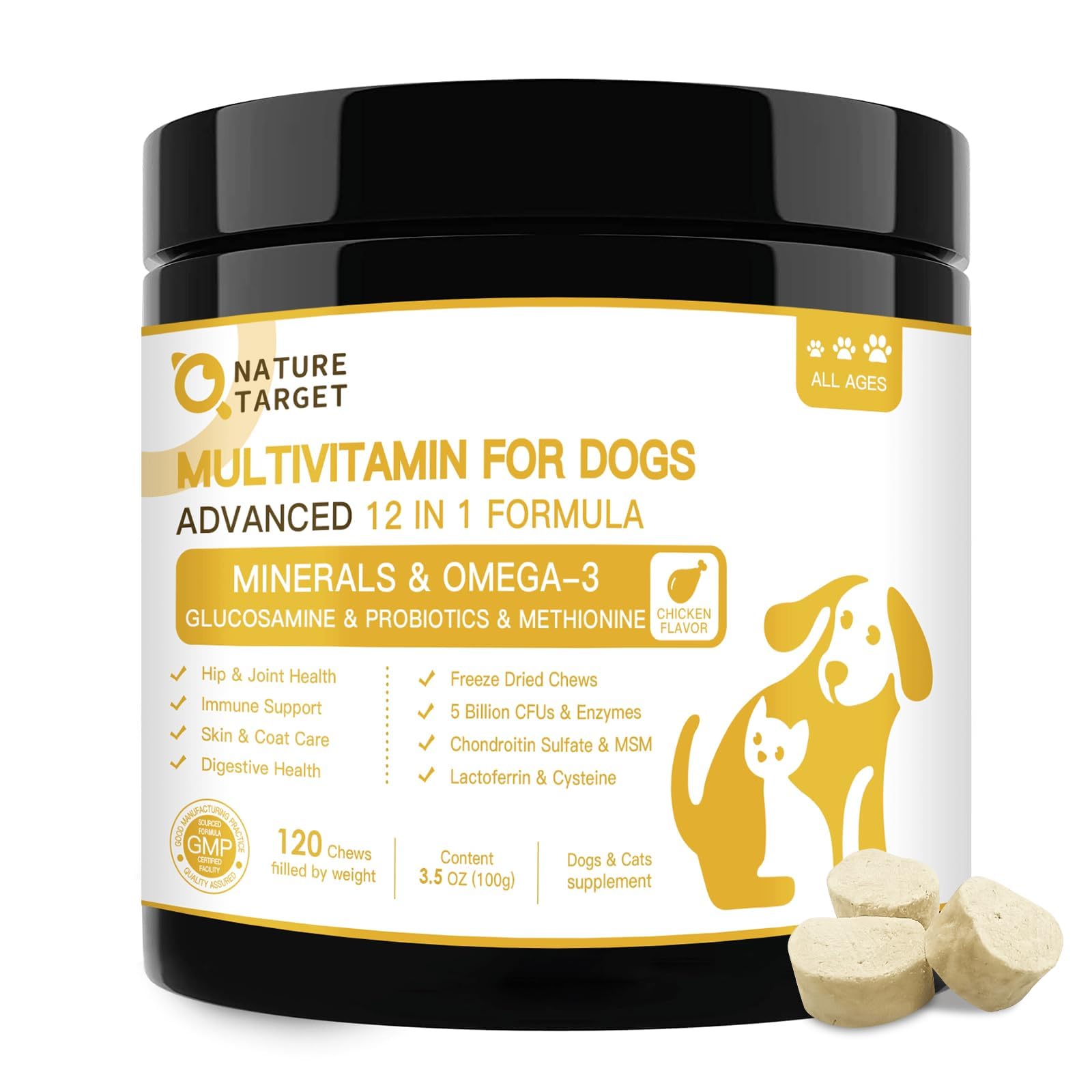 Nature Target: emballage des bouchées multivitaminées 12 en 1 pour chiens.