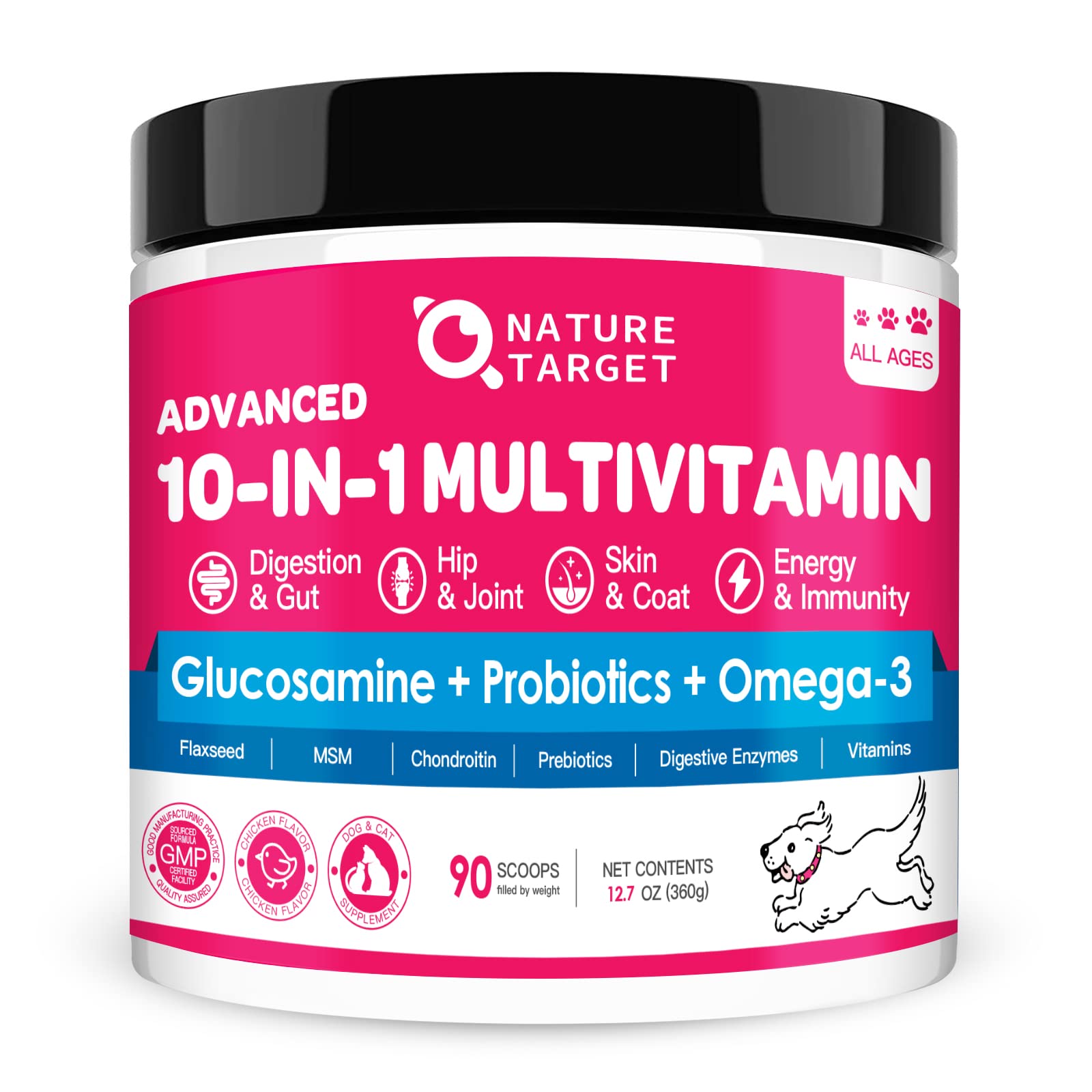 Nature Target Chien – Poudre multivitamines 10 en 1 pour le soutien quotidien.