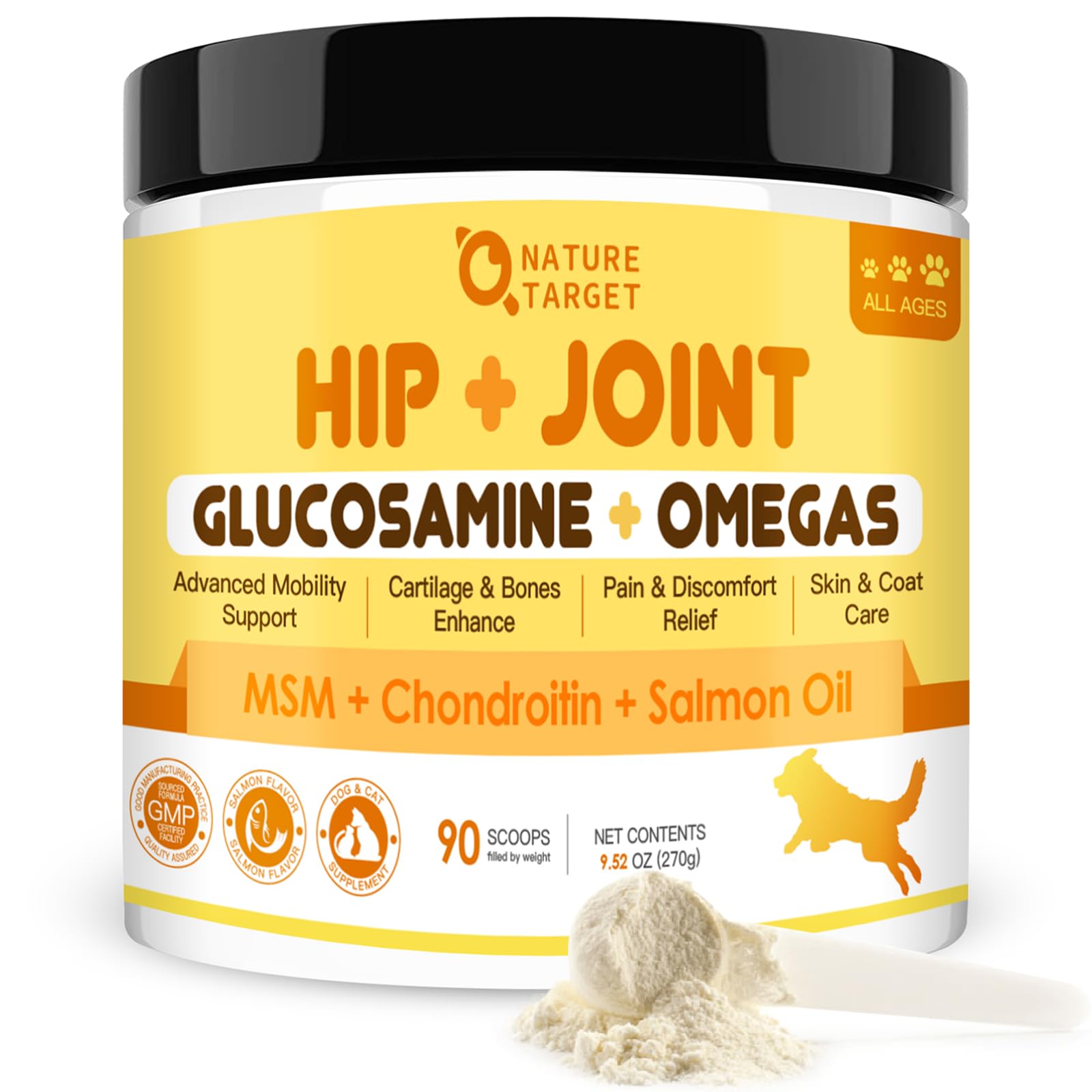 Bouteille NATURE TARGET Glucosamine pour chiens, soutien potentiel à la mobilité des articulations.