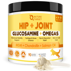 Bouteille NATURE TARGET Glucosamine pour chiens, soutien potentiel à la mobilité des articulations.