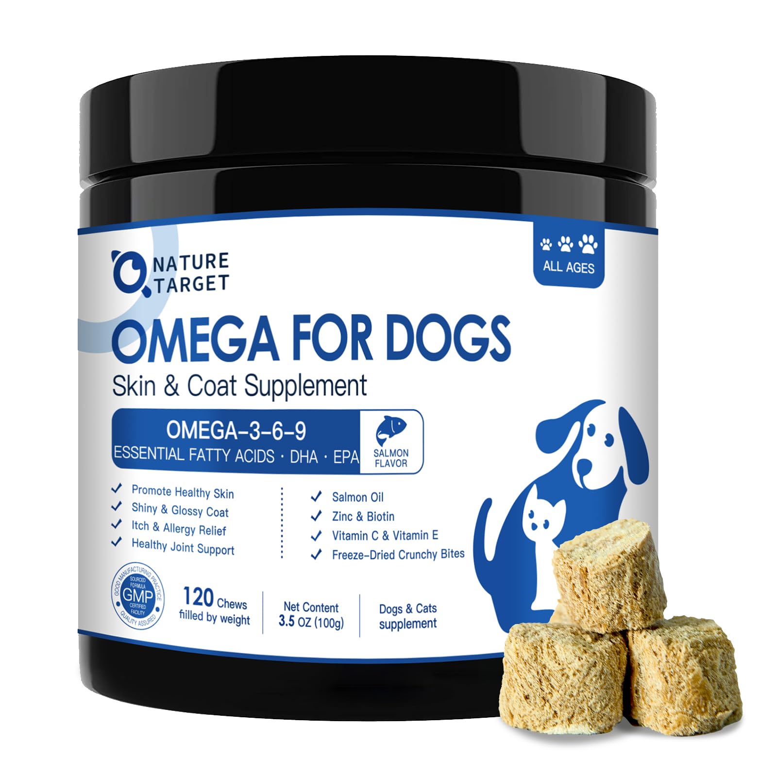 Nature Target oméga-3 pour chiens — bouteille d’huile de saumon et pelage brillant.