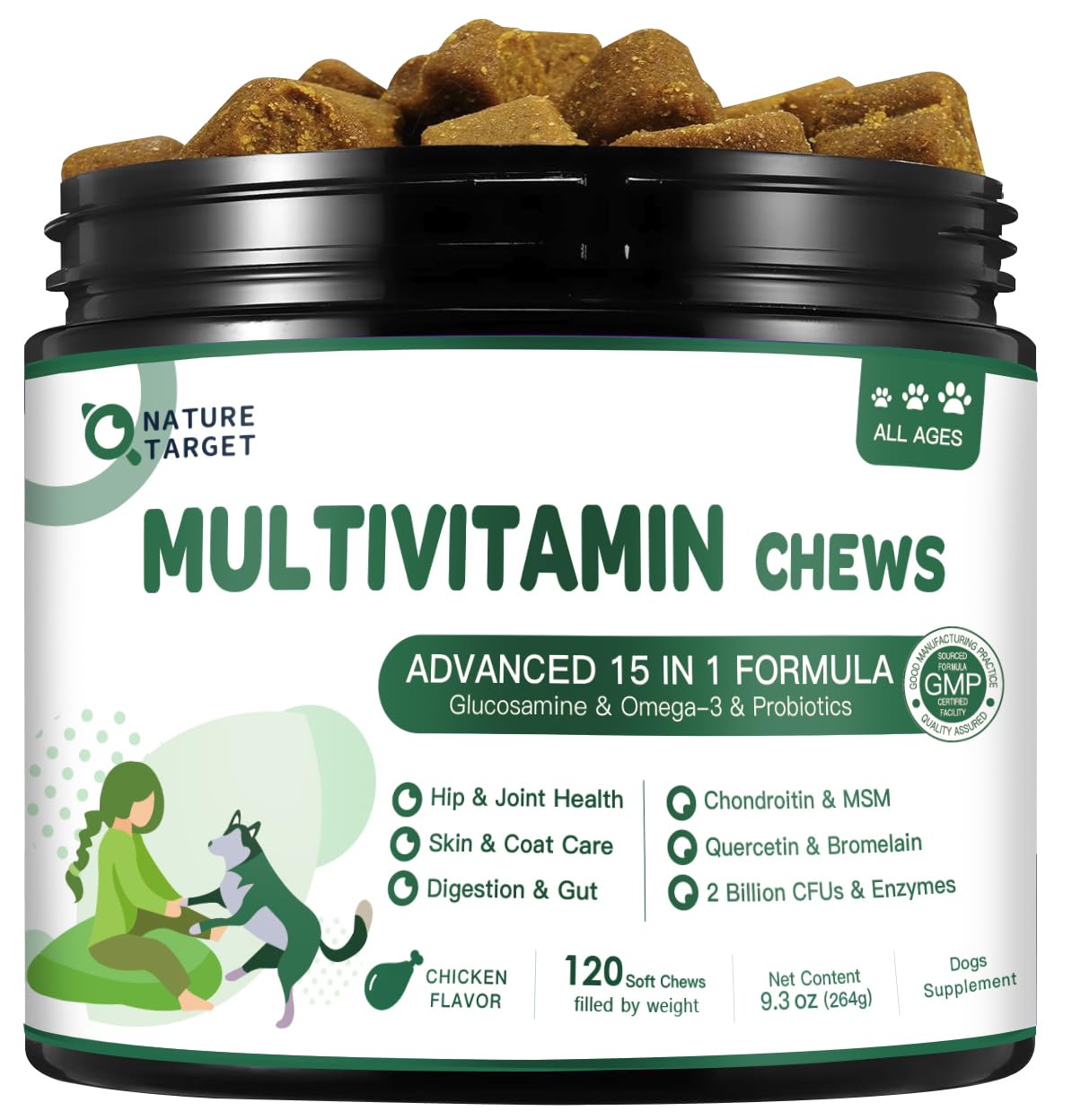 NATURE TARGET Multivitamine chien : gommes molles en boîte pour nutrition quotidienne.
