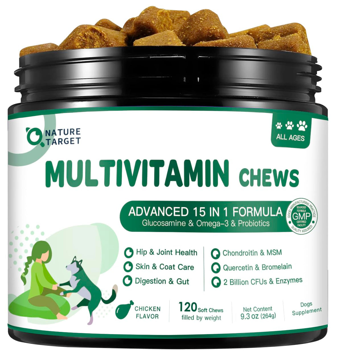 NATURE TARGET Multivitamine chien : gommes molles en boîte pour nutrition quotidienne.