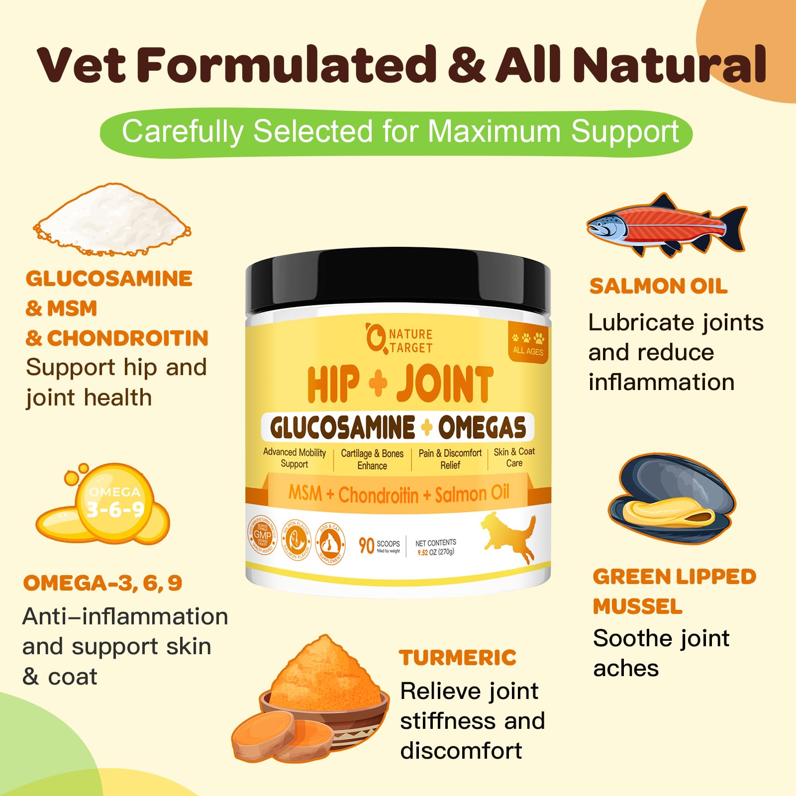 Cuillère-doseur avec poudre glucosamine pour chiens et dosage personnalisable.