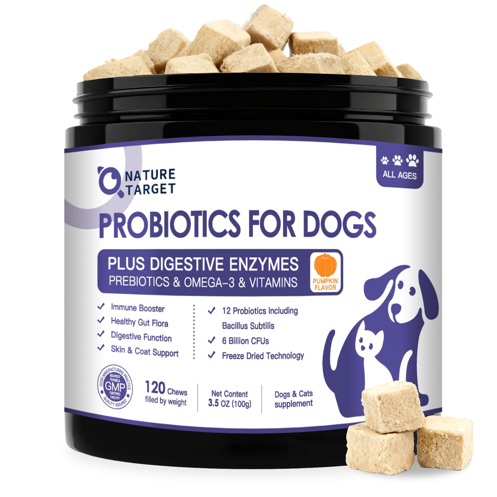 NATURE TARGET Probiotiques pour chiens, bouchons saveur citrouille, soutien digestif agréable.