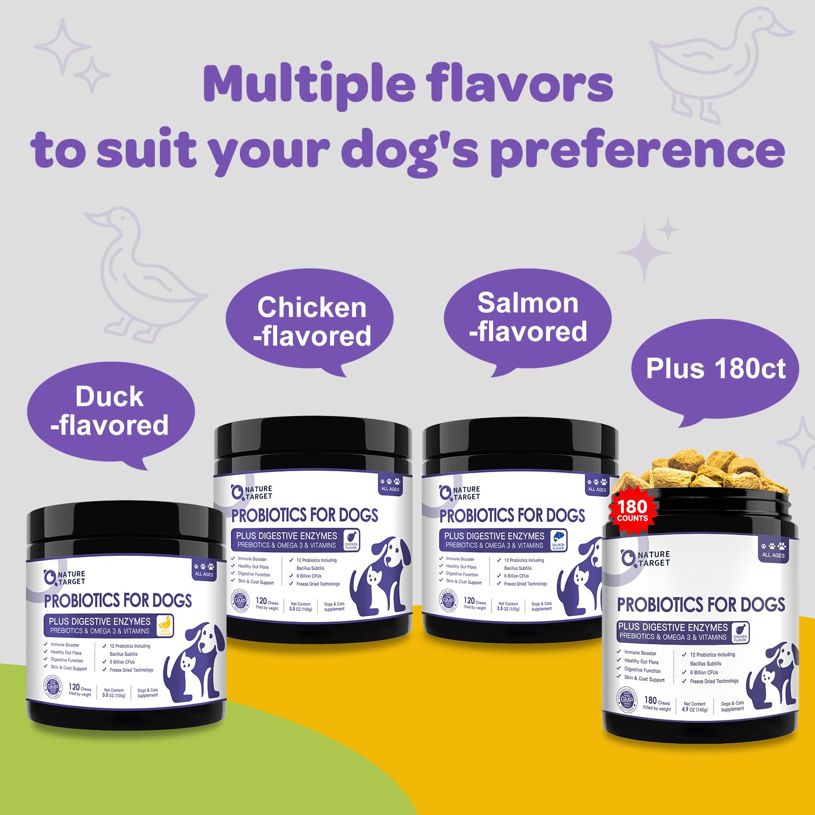 NATURE TARGET Probiotiques pour chiens: morceaux variés adaptés à toutes les tailles.
