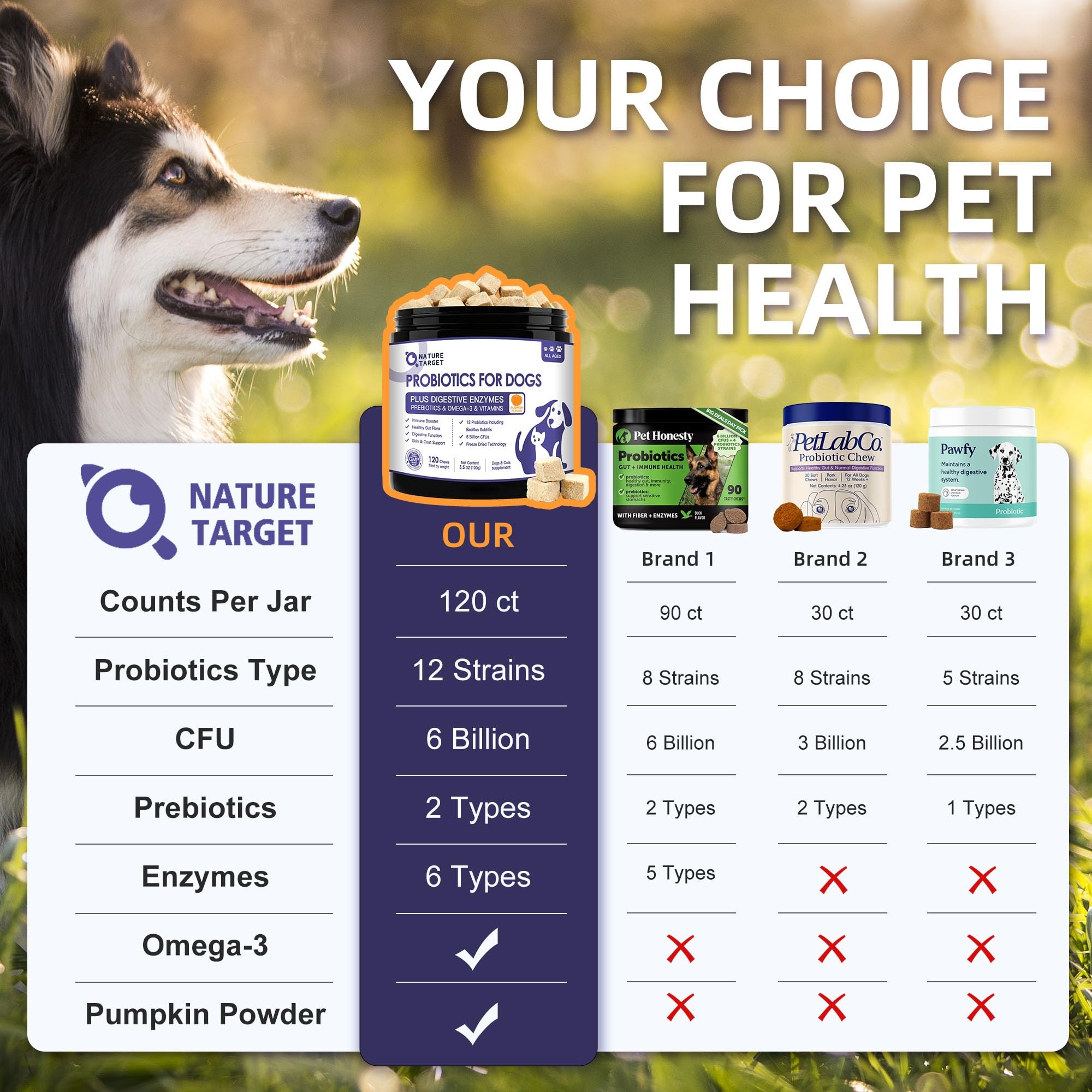 NATURE TARGET Probiotiques pour chiens, zinc chelaté pour meilleure absorption.