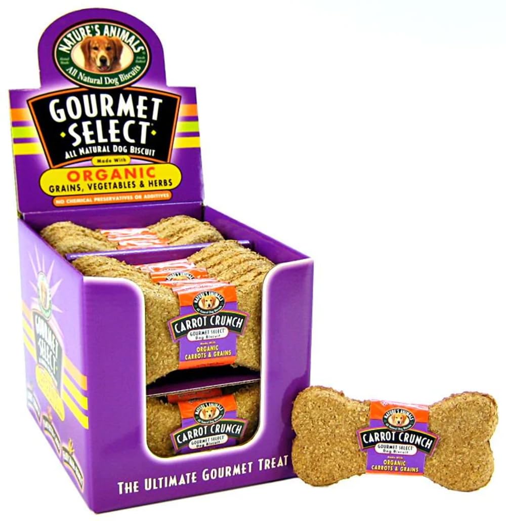 Nature's Animals Carotte Croquante: biscuits gourmets biologiques en vitrine pratique.